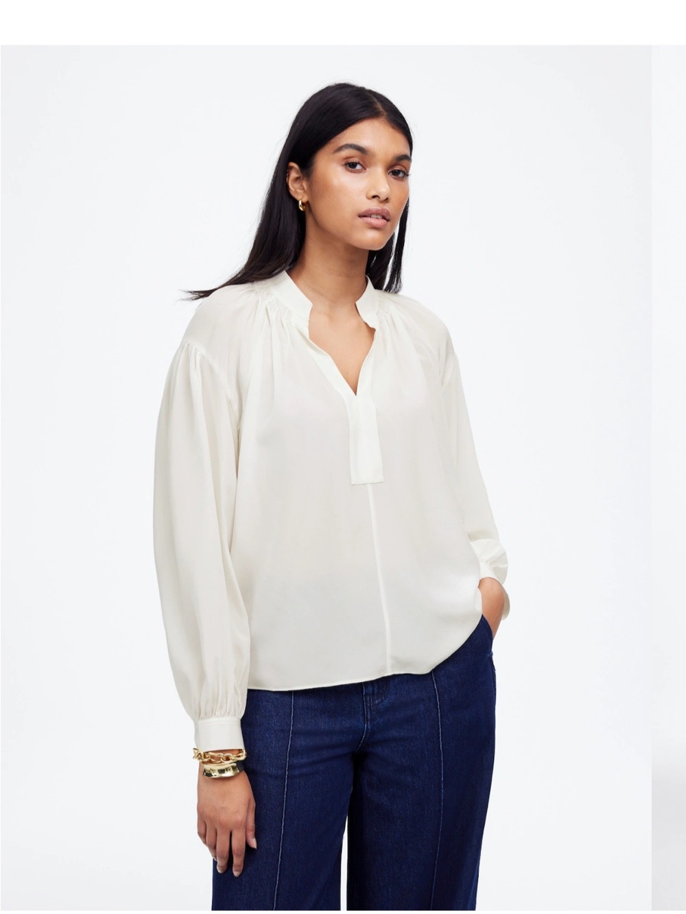 Madewell Cream Split-Neck Long Sleeve Blouse